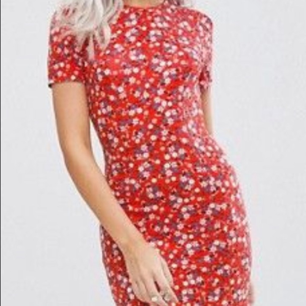 Asos Red Tea Dress With Blue And White Flowers